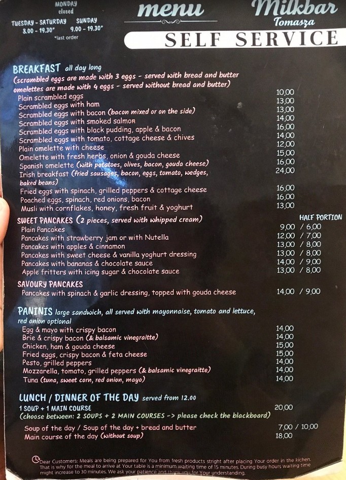Menu Milkbar Tomasza